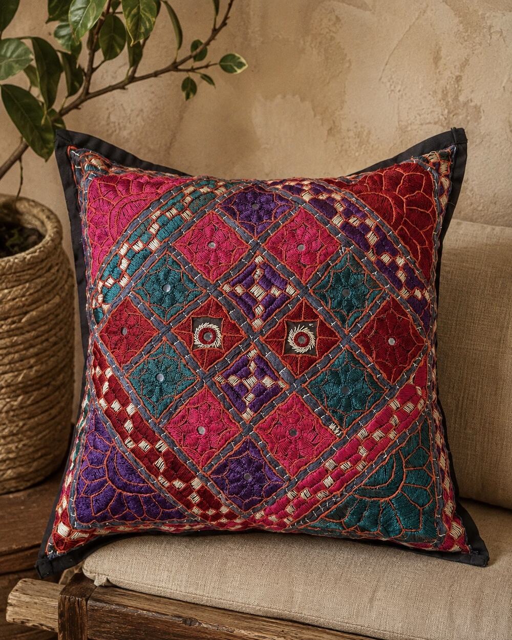 Boho Indian Embroidered Mirror Work Pillow Cover Colorful Patchwork 14x14